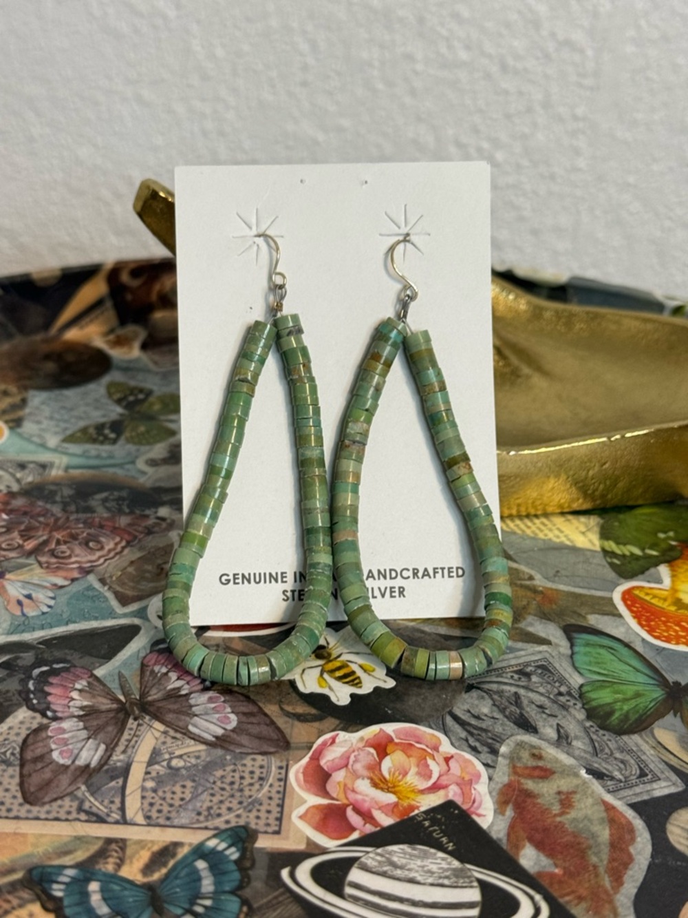 Corraine Smith Navajo Handmade Green Kingman Heishi Bead Teardrop Earrings